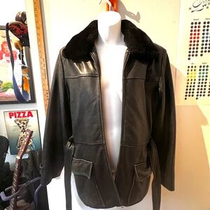 Vintage Kenneth Cole Black Leather Coat with Black Fur Collar